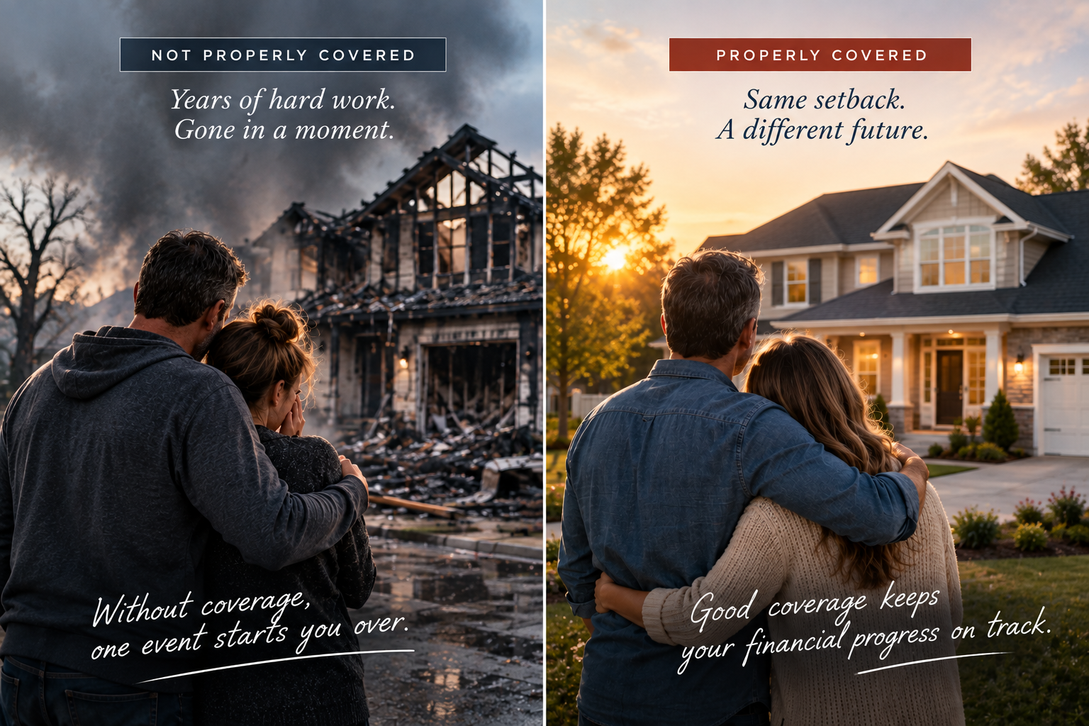 Split-screen comparison: on the left, a burned home with the caption 'Not Properly Covered — Years of hard work. Gone in a moment.' On the right, the same home rebuilt with the caption 'Properly Covered — Same setback. A different future.'