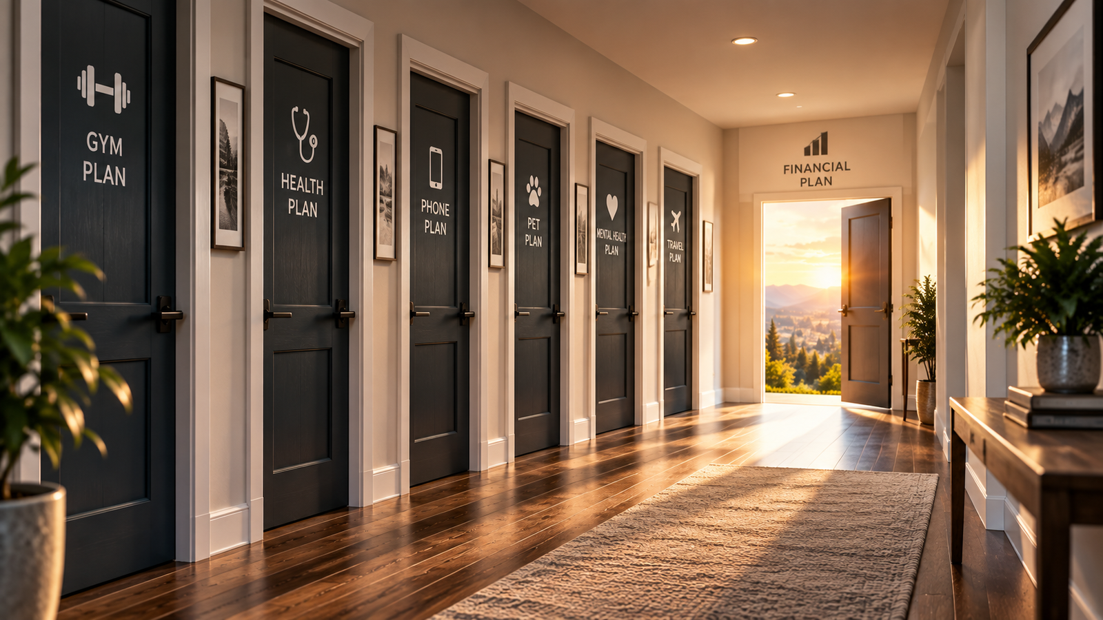 A hallway of closed doors labeled Gym Plan, Health Plan, Phone Plan, Pet Plan, Mental Health Plan, and Travel Plan, leading to a single open door at the end labeled Financial Plan with a bright sunrise beyond it