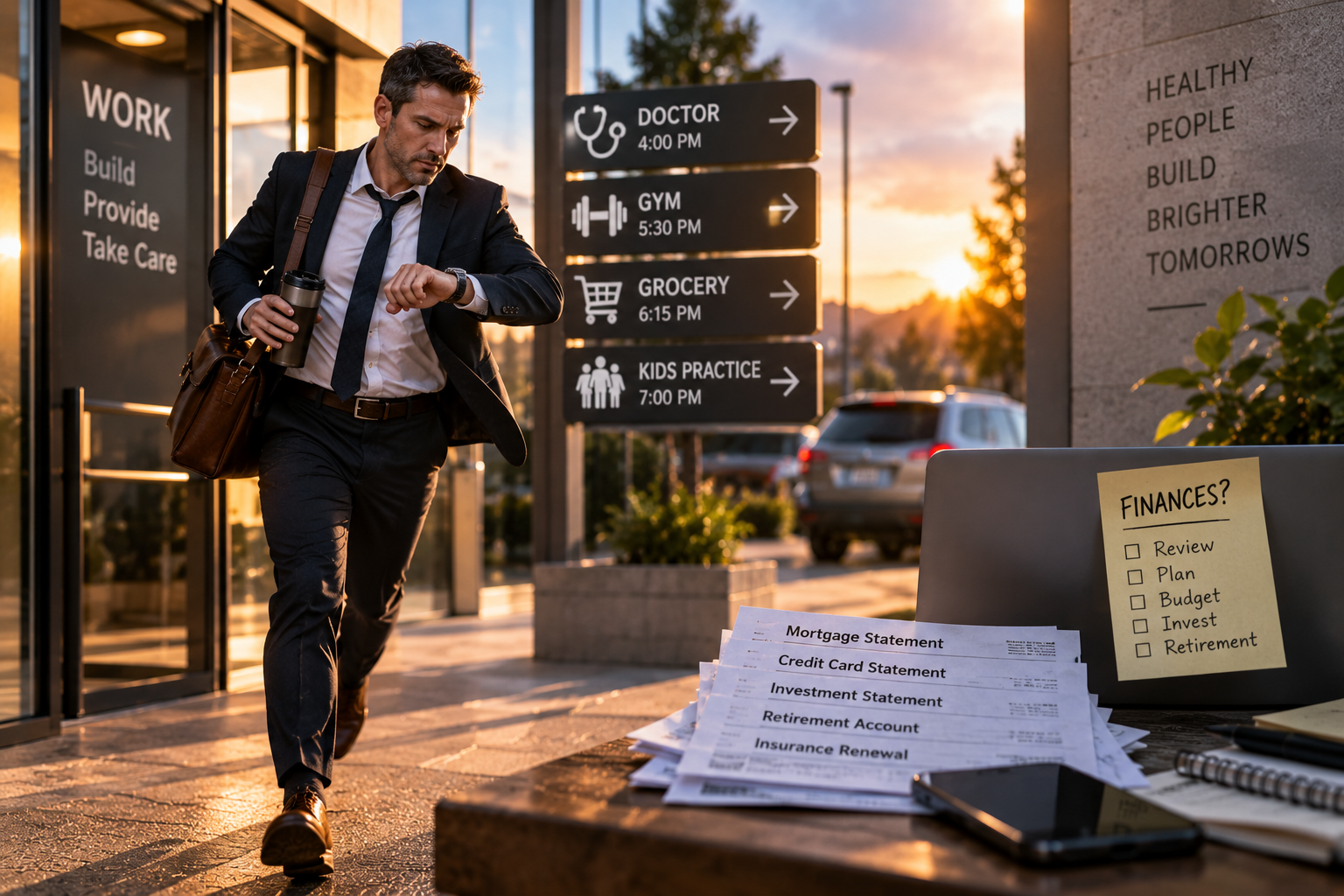 A businessman rushing from work while a to-do list of daily appointments and a desk full of unopened financial statements sit waiting