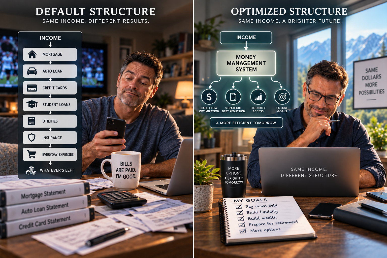 Split-screen comparison: on the left, 'Default Structure — Same income. Different results,' showing income flowing straight through mortgage, auto loan, credit cards, student loans, utilities, insurance, and everyday expenses to whatever's left. On the right, 'Optimized Structure — Same income. A brighter future,' showing income routed through a money management system into cash flow optimization, strategic debt reduction, liquidity access, and future goals, toward a more efficient tomorrow.