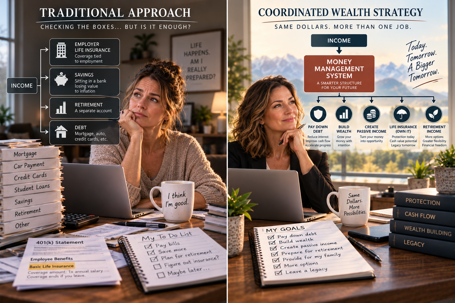 Split-screen comparison: on the left, 'Traditional Approach — Checking the boxes... but is it enough?' showing income flowing separately into employer life insurance, savings sitting in a bank losing value to inflation, a separate retirement account, and debt. On the right, 'Coordinated Wealth Strategy — Same dollars. More than one job.' showing income routed through a money management system into paying down debt, building wealth, creating passive income, owning life insurance with cash value, and retirement income.