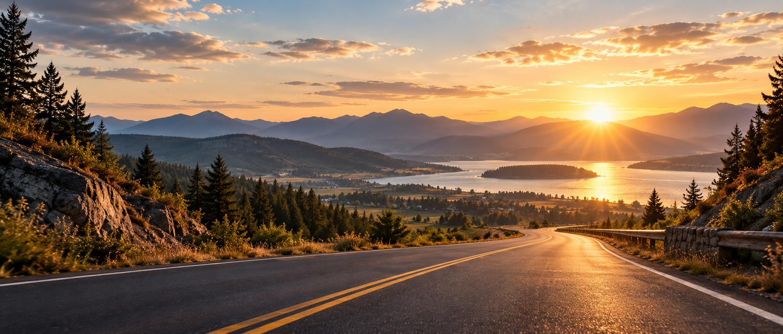An open road winding toward a bright sunrise over the mountains