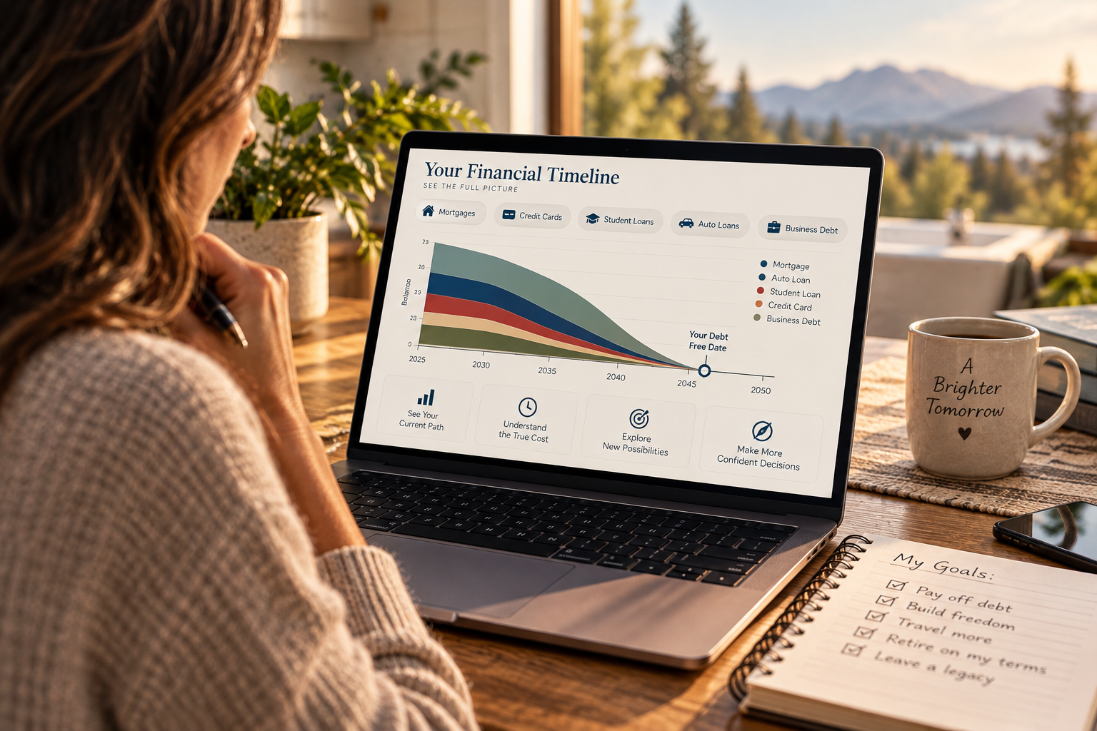 A person reviewing a Financial Timeline dashboard on a laptop, showing their current-path debt timeline across mortgage, auto, student loan, credit card, and business debt