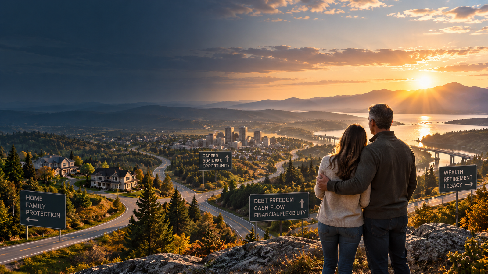 A couple looking out over a scenic mountain sunrise, illustrating a financial journey from protection and family, through cash-flow freedom, to wealth, retirement and legacy
