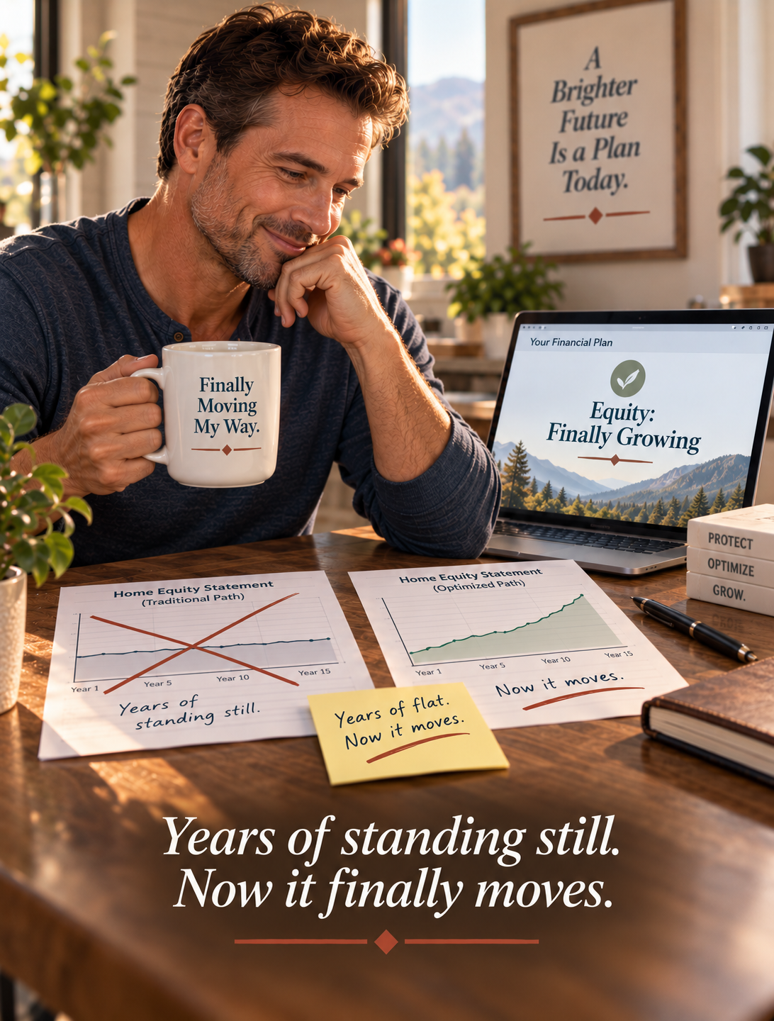 A man smiling as he holds a mug reading 'Finally Moving My Way.' On the table, two Home Equity Statement printouts — one labeled 'Traditional Path' showing a flat line crossed out with a red X, captioned 'Years of standing still,' and one labeled 'Optimized Path' showing a climbing line, captioned 'Now it moves.' A sticky note between them reads 'Years of flat. Now it moves.' His laptop screen shows 'Your Financial Plan — Equity: Finally Growing.' Books on the table read Protect, Optimize, Grow. Caption: Years of standing still. Now it finally moves.
