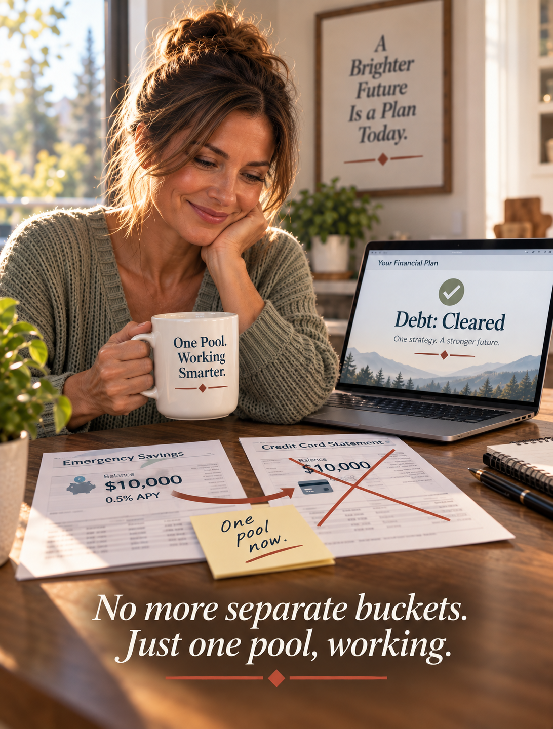 A woman smiling at her laptop at her kitchen table, holding a mug that reads 'One Pool. Working Smarter.' On the table, two statements — an Emergency Savings statement showing $10,000 at 0.5% APY, and a Credit Card Statement showing a $10,000 balance crossed out with a red X — connected by a red arrow. A sticky note between them reads 'One pool now.' Her laptop screen shows 'Your Financial Plan — Debt: Cleared — One strategy. A stronger future.' Caption: No more separate buckets. Just one pool, working.