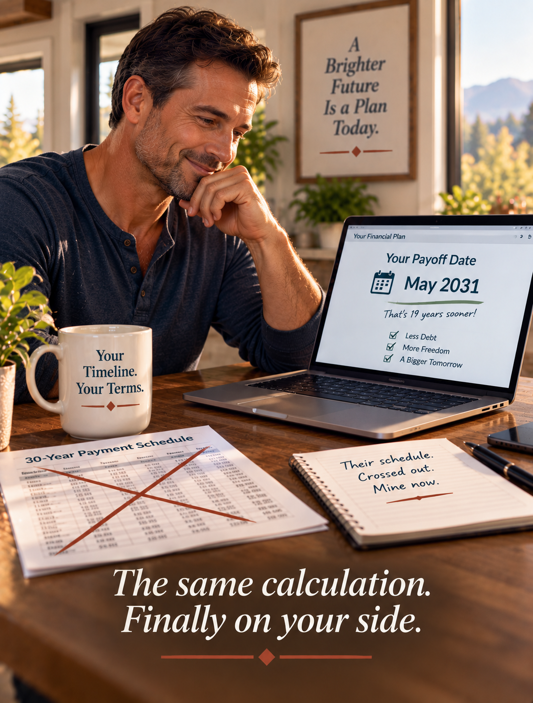 A man smiling at his laptop at his kitchen table. On the table, a printed 30-Year Payment Schedule is crossed out with a red X. His laptop screen shows 'Your Financial Plan — Your Payoff Date: May 2031 — That's 19 years sooner! Less Debt, More Freedom, A Bigger Tomorrow.' His mug reads 'Your Timeline. Your Terms.' A notepad beside him reads 'Their schedule. Crossed out. Mine now.' Caption: The same calculation. Finally on your side.