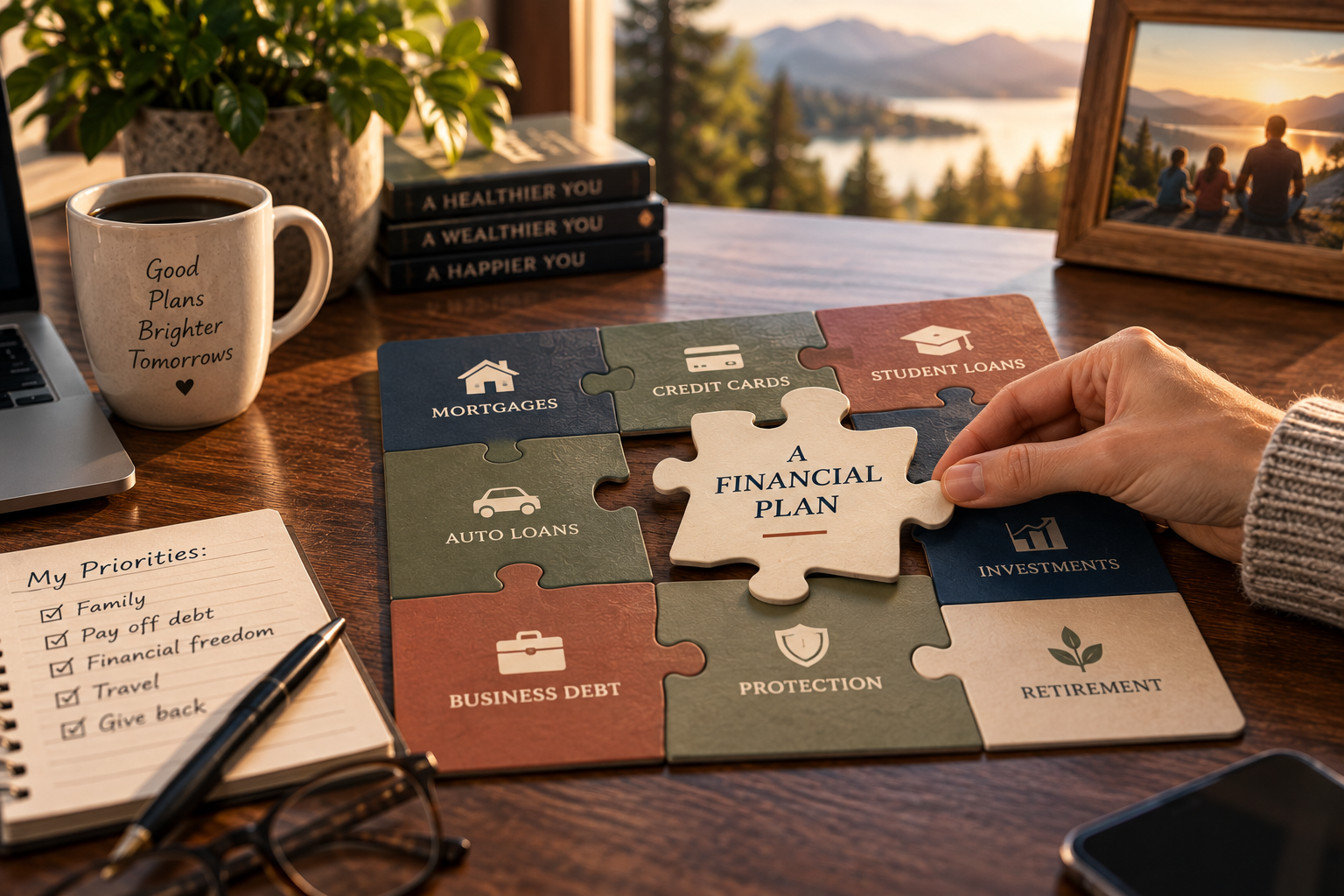 A hand placing the central 'Your Financial Plan' puzzle piece among pieces labeled Insurance Protection, Home & Family, Debt Management, Life Transitions, Health & Wellness, Retirement, Education, and Investments & Wealth Building