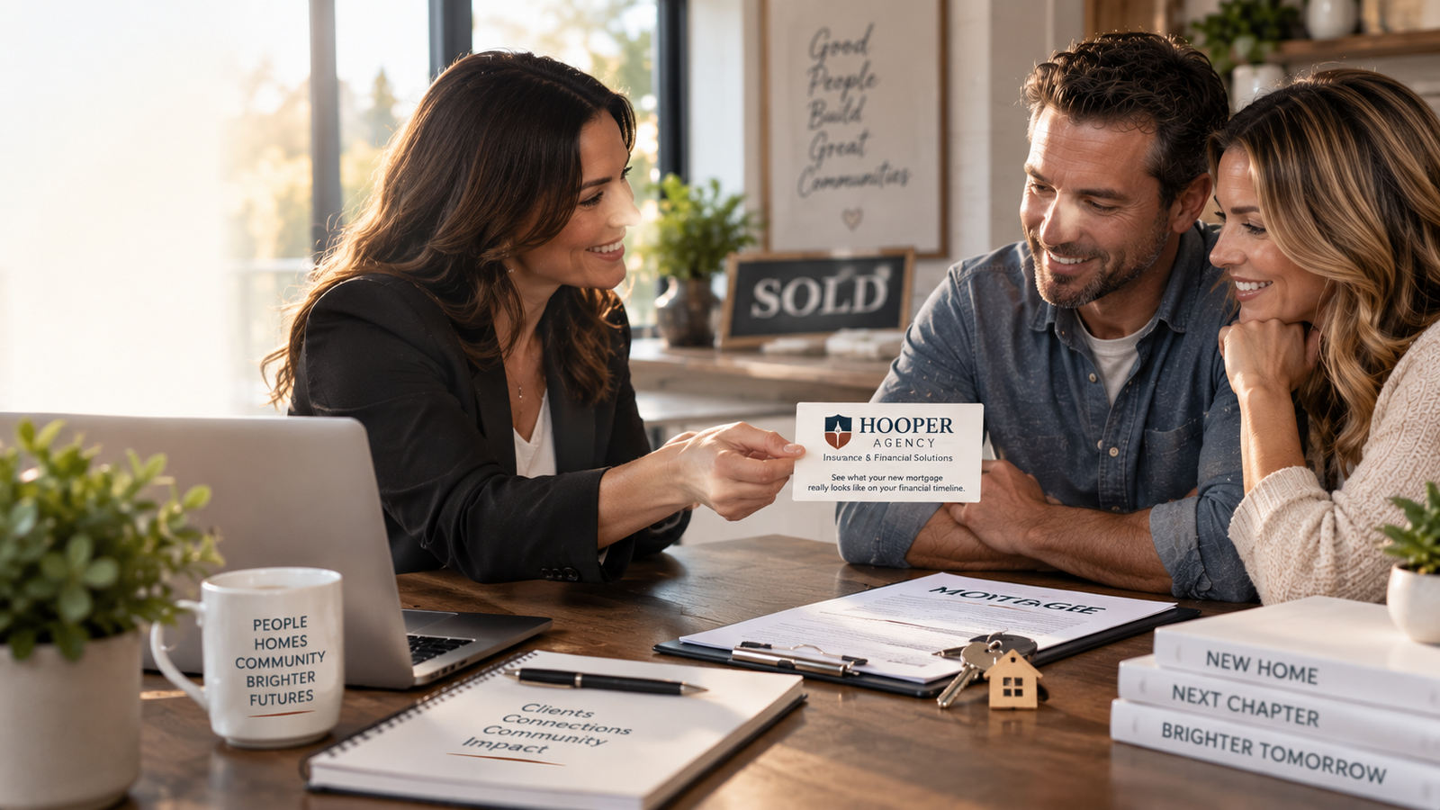 A real estate professional handing a Hooper Agency card to her clients, a couple, across a desk with a 'Sold' sign and mortgage paperwork visible — the card reads 'See what your new mortgage really looks like on your financial timeline.'