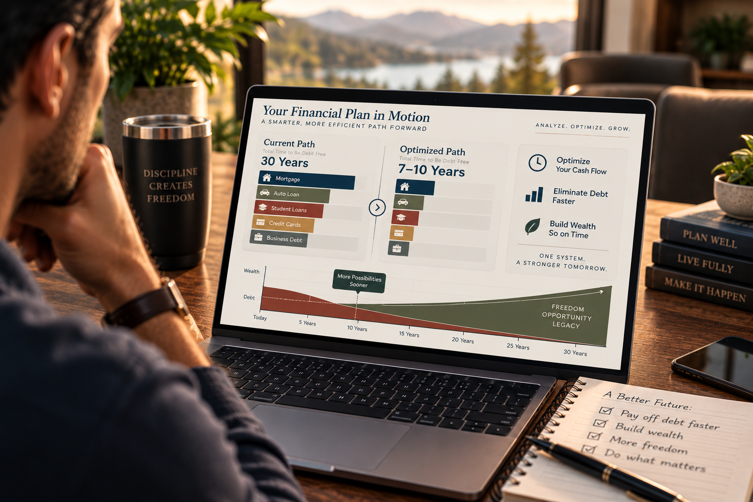 A person reviewing a Financial Plan in Motion dashboard on a laptop, comparing a current debt-payoff path against an optimized path and the resulting cash-flow and wealth trajectory