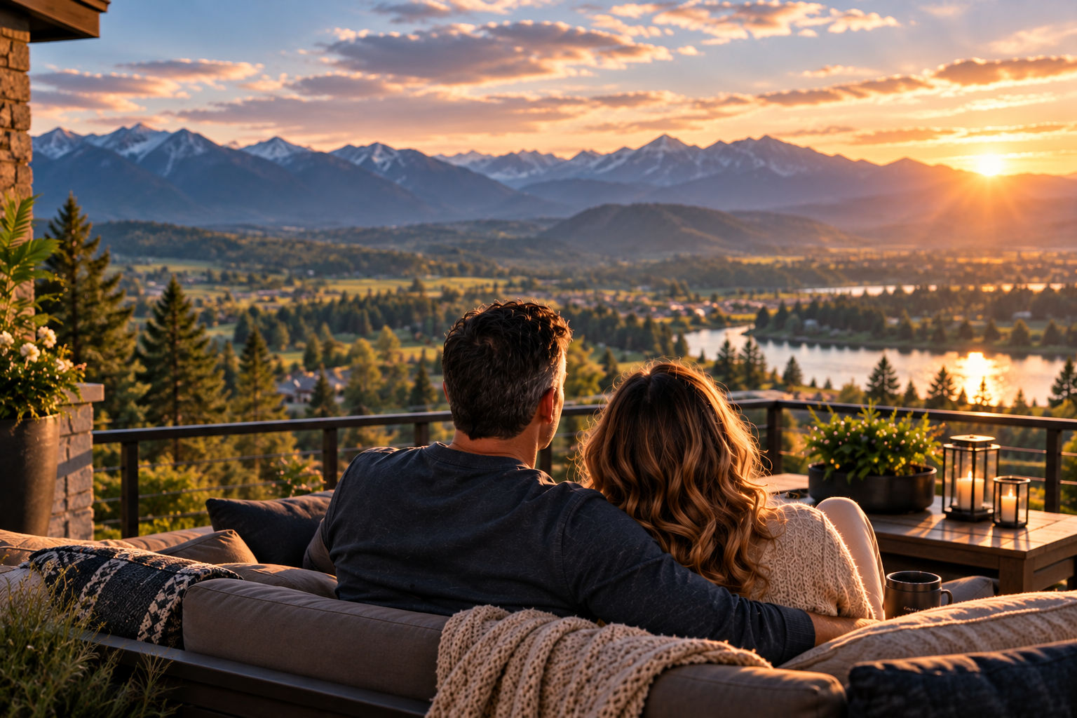A couple sitting together on an outdoor balcony at sunset, looking out over a mountain valley and lake toward the horizon