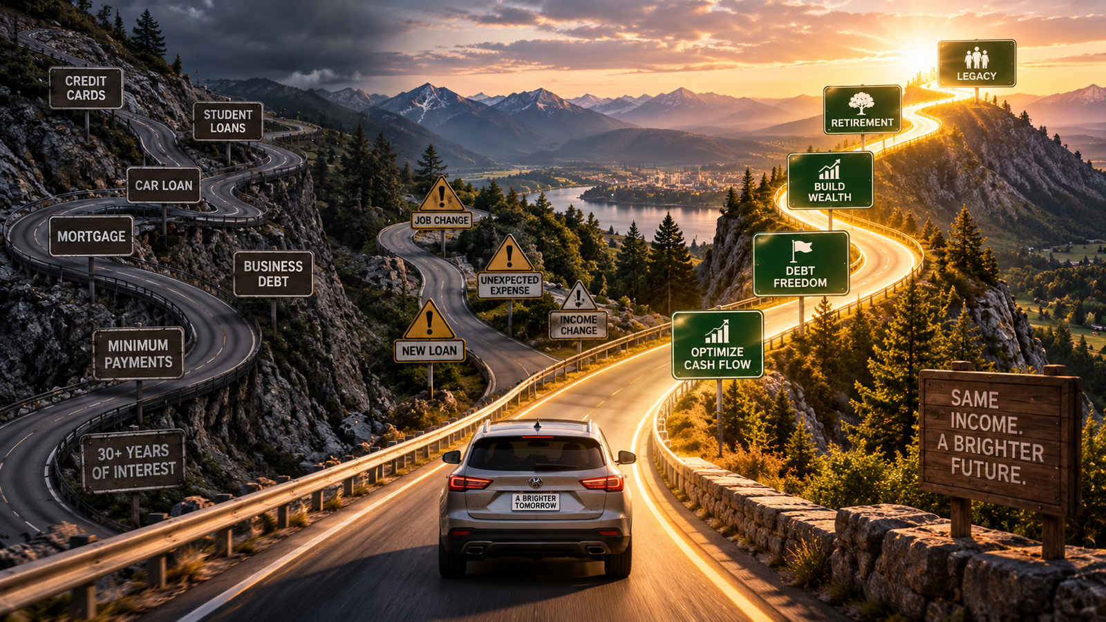 A car driving a mountain road at sunset: behind it, winding paths labeled credit cards, student loans, car loan, mortgage, business debt, minimum payments, and 30+ years of interest, with warning signs for job change, unexpected expense, and new loan. Ahead of it, the road straightens and climbs toward the sunrise, passing signs for optimize cash flow, debt freedom, build wealth, retirement, and legacy, beside a sign reading 'Same income. A brighter future.'