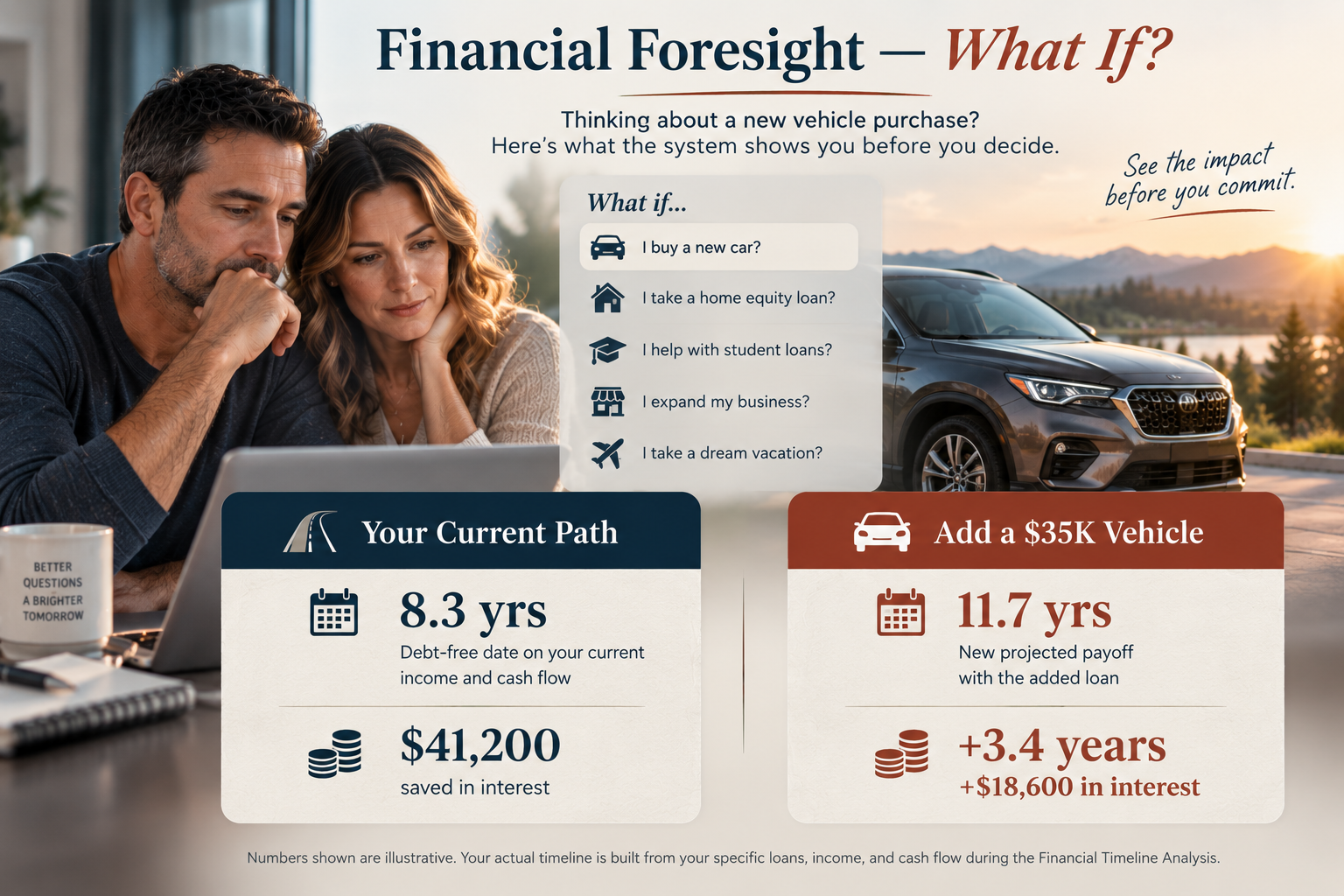 Financial Foresight — What If? Thinking about a new vehicle purchase? Here's what the system shows you before you decide. What if: I buy a new car, I take a home equity loan, I help with student loans, I expand my business, I take a dream vacation. Your Current Path: 8.3 years debt-free date on your current income and cash flow, $41,200 saved in interest. Add a $35K Vehicle: 11.7 years new projected payoff with the added loan, +3.4 years and +$18,600 in interest. Numbers shown are illustrative — your actual timeline is built from your specific loans, income, and cash flow during the Financial Timeline Analysis.